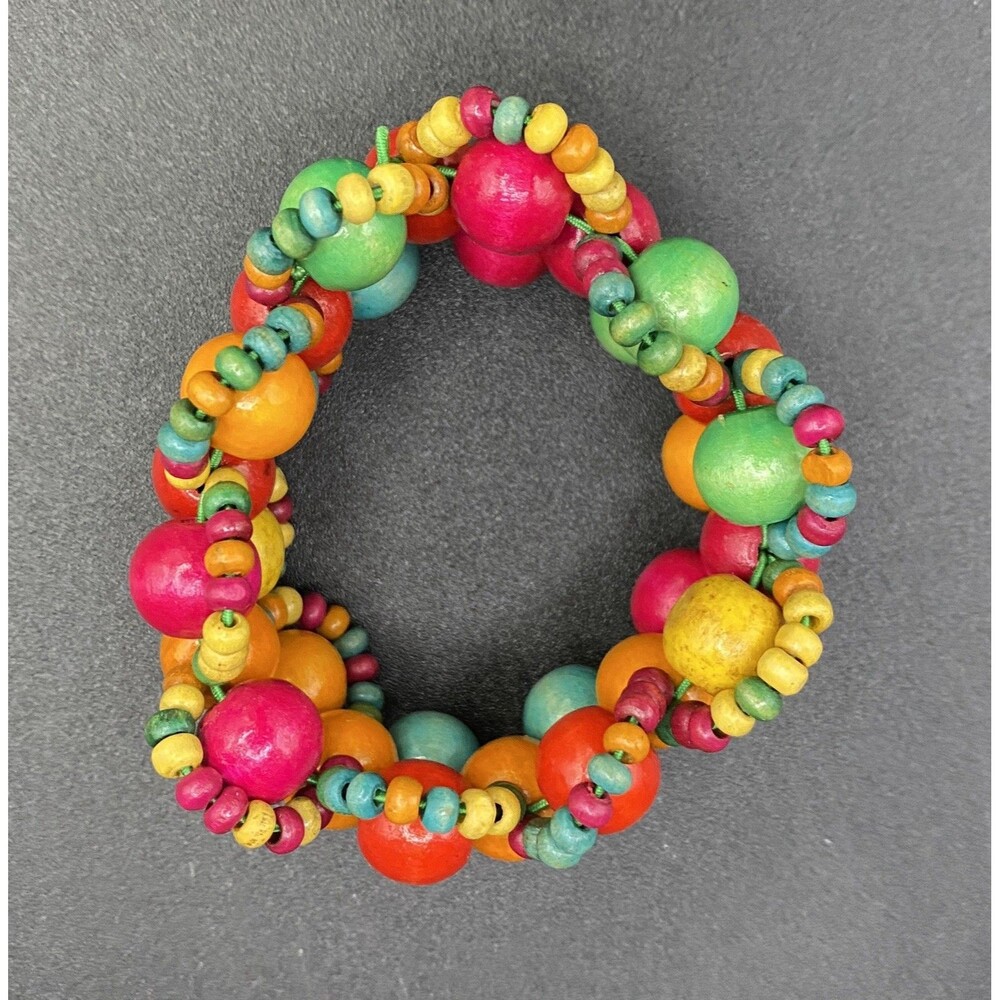Bright Colorful Multicolor Wood Bead Stretch Bracelet - Picture 5 of 6